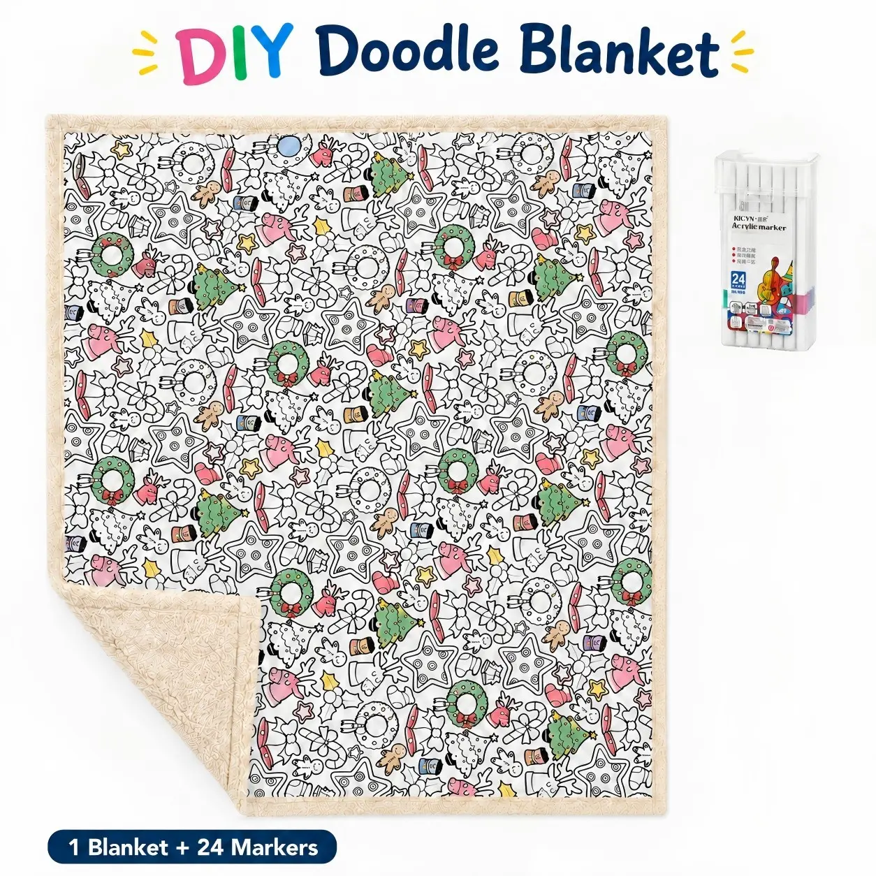 DIY Christmas Doodle Blanket with 24 Waterproof Acrylic Markers, Fun Nap Blanket for Sofa, Bedroom, Family Crafts, Holiday Parties, Creative Gifts