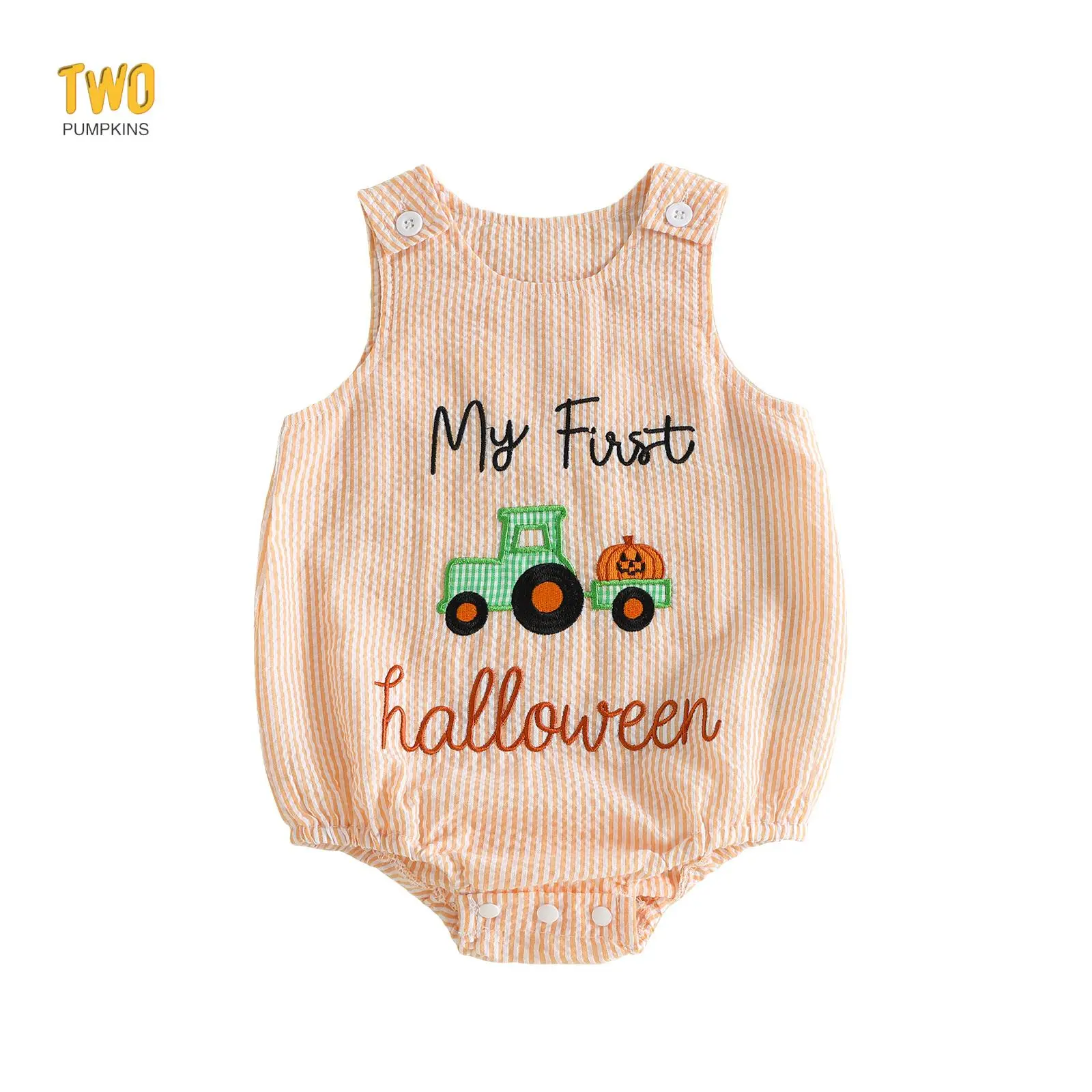 Baby Boy Halloween Romper Tractors Pumpkin Letter Embroidery Stripe Print Crew Neck Sleeveless Infant Bodysuits Jumpsuits