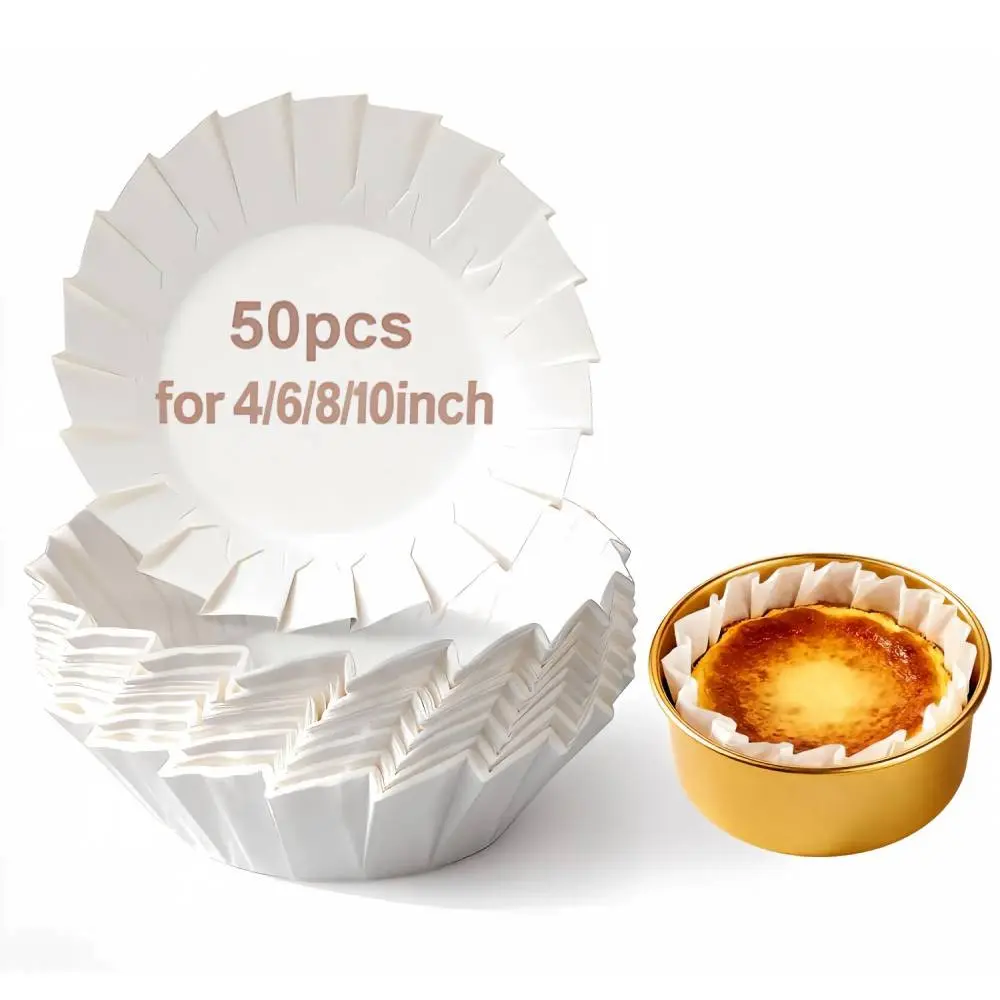 50 Count 4/6/8/10 Inch Disposable Basque Cake Baking Paper Liners, Parchment Paper, Non-Stick Baking Paper Cups, Suitable for Cheesecakes, Muffins and Cupcakes, High Temperature Resistant for Ovens, Air Fryers and Microwaves, Odor-Free, Food-Grade Safe
