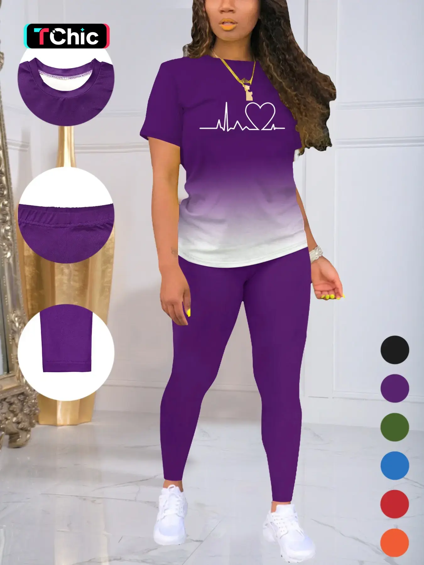 Women's Ombre Gradient Letter Print Tee & Skinny Pants Set, Casual Fitted Short Sleeve Round Neck T-Shirt & Trousers For Daily Wear, Ladies Two Piece Everyday Outfits For All Seasons, Womenswear Clothes Clothing Set