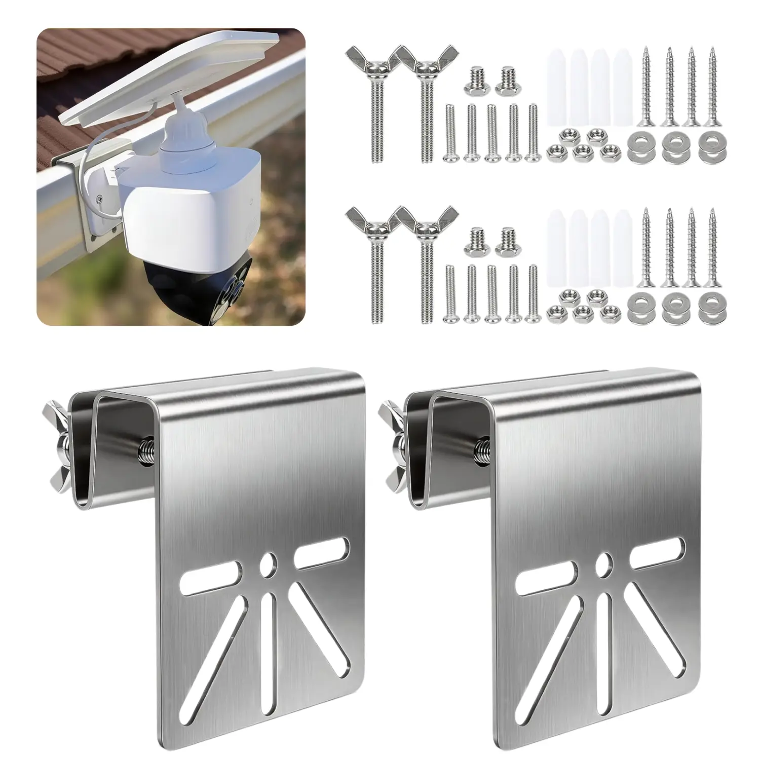 2 Sets Stainless Steel Gutter Mount Brackets for Cameras - Home Security, Wireless Functionality Security Cameras & Systems Kit - No-Drill Outdoor Installation Holder with Anti-Rust Screws & Accessories