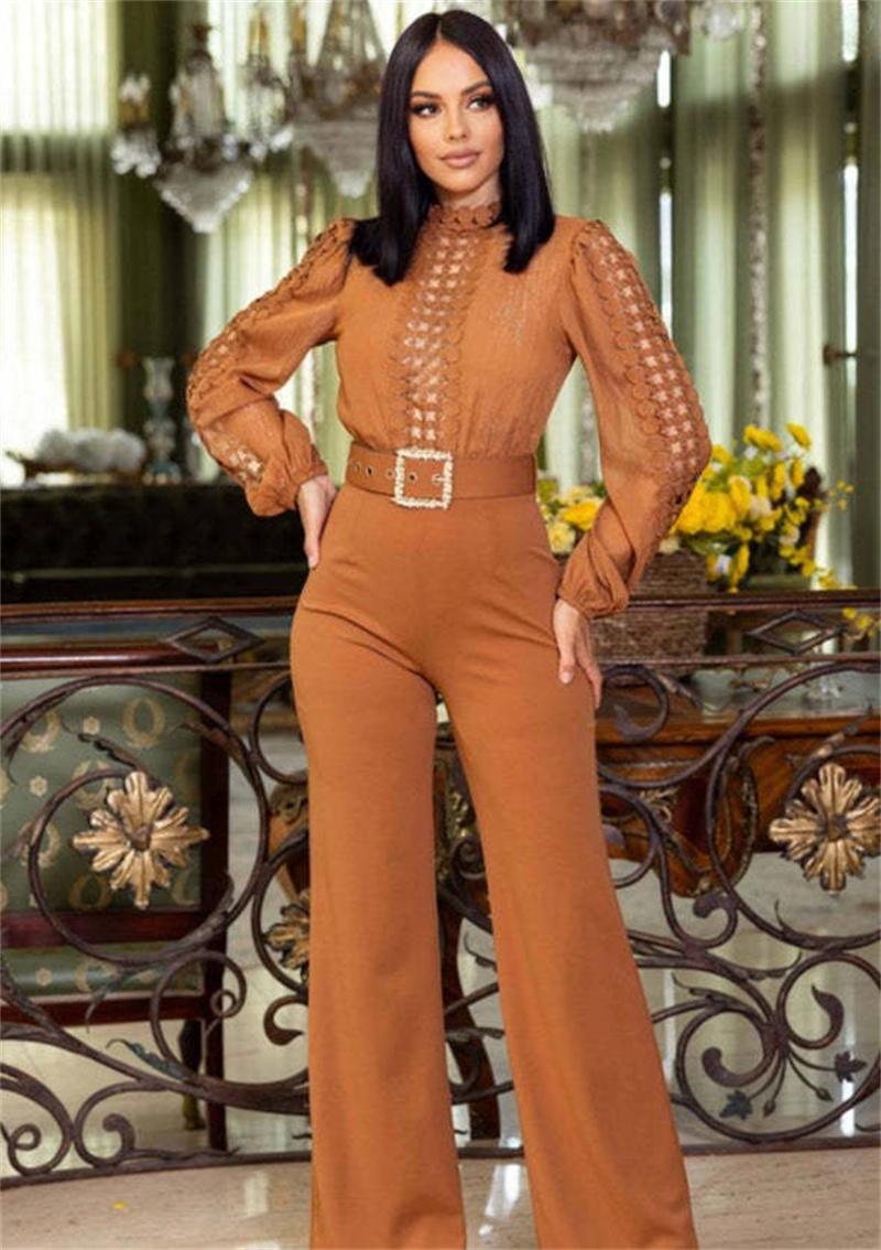 Woman Jumpsuit Birthday Long Sleeve Hollow Out High Waist One Pieces Overalls Club Party Outfits with Belt