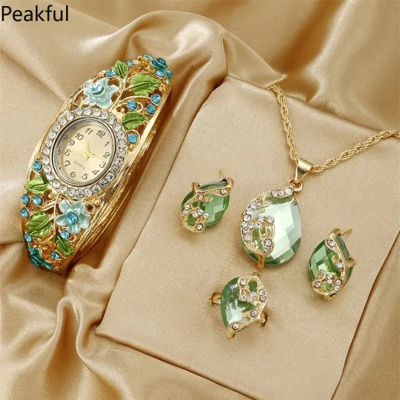 5‑Pcs Vintage Floral Crystal Jewelry Set, Emerald‑Inspired Gold‑Tone Watch Necklace Earrings Ring, Eye‑Catching Kit for Anniversary Birthday Holiday Gift