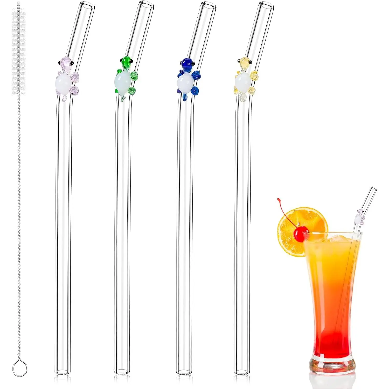 Borosilicate Glass Straws with Turtle Charm | Shatter Resistant, , Cute Clear Bent Glass Straw, 2 Clean Brush, for Party Drinks, , Juice (4 Pcs Turtle)