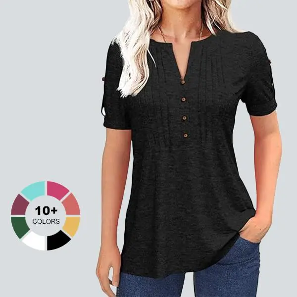 Imily Bela Womens V Neck T Shirt Summer Short Sleeve Pleated Button Solid Casual Top