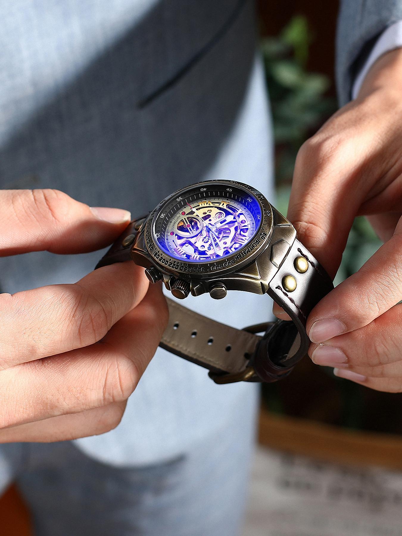 Men's Vintage Automatic Mechanical Watch, Fashionable Stylish Watch, Fashion Luminous Hands Watch for Party, Daily Clothing Decor, Watch for Birthday Gift with Box, Mechanical Style Watches detail 4
