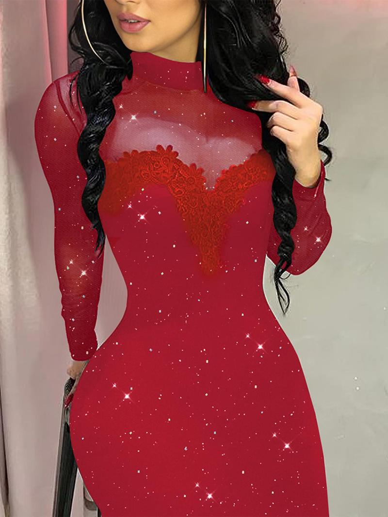 Women's Contrast Mesh Appliques Bodycon Dress, Elegant Mock Neck Long Sleeve Short Dress for Party Club Dating Wear, Women's Dress for Spring & Fall