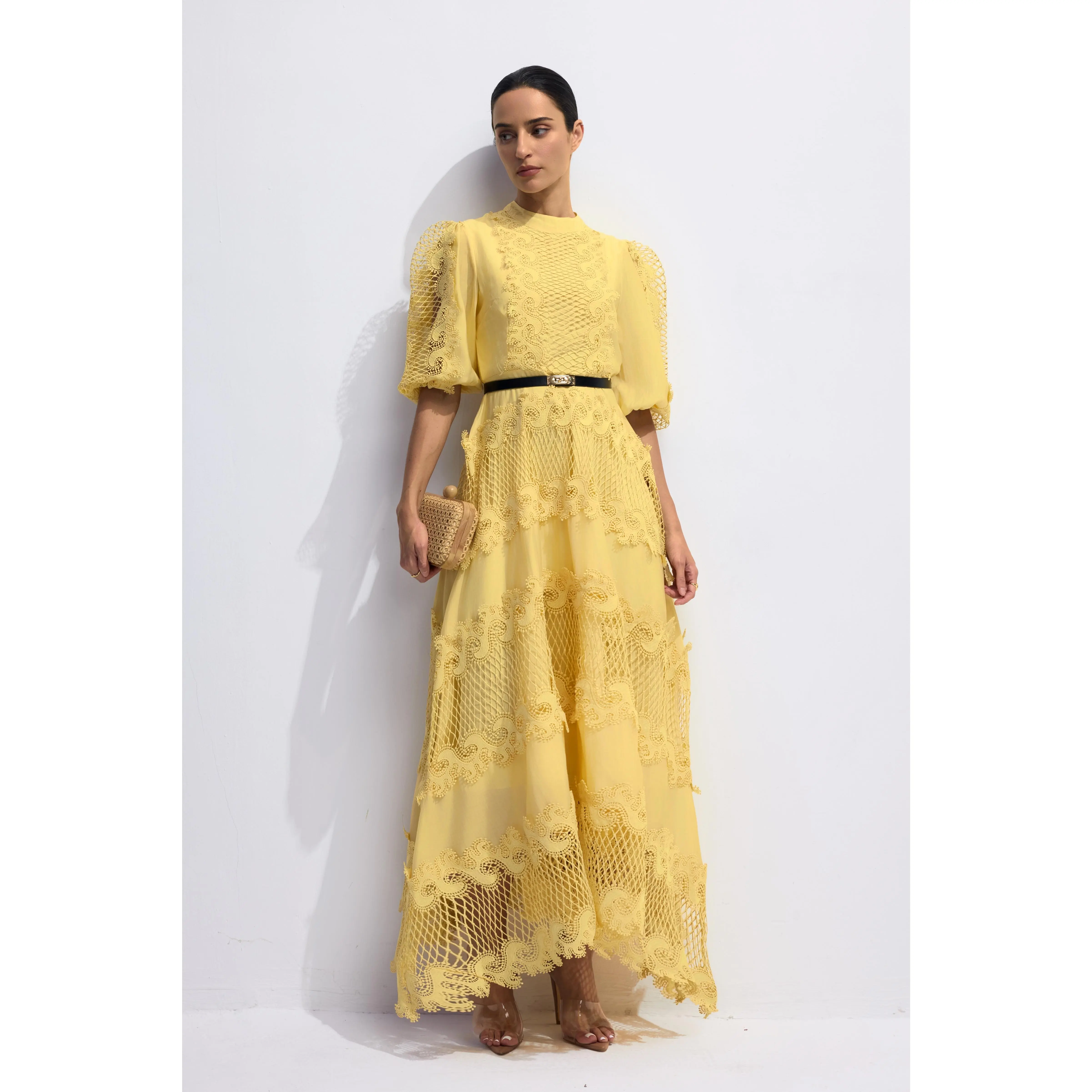 Sunfere Alanna Embroidered Lace Maxi Dress - Sheer Puff Sleeve Detachable Belt Elegant Modest, Garden Wedding Formal Black Tie Event