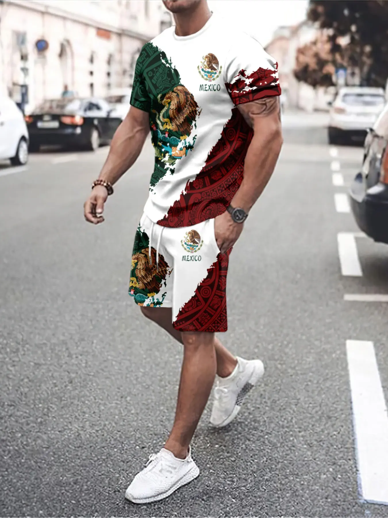 Mexican Eagle Print Short Sleeve Shorts Set, Men's Summer Casual Two-Piece, Slim-Fitting Regular Length, Unlined Comfortable Style