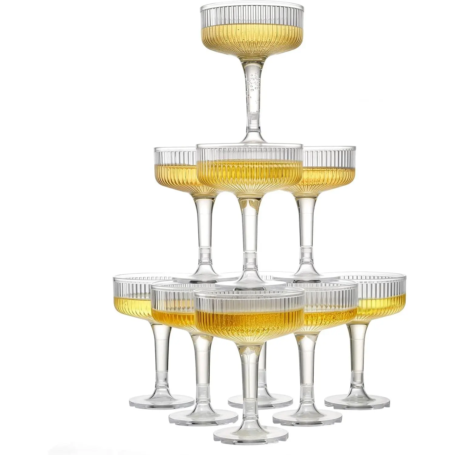 3-Tier Champagne Glasses - 10 count 7oz Clear Plastic Champagne Flute | Plastic Coupe Glasses with Vertical Stripes for Weddings, Celebrations, Parties & Birthdays