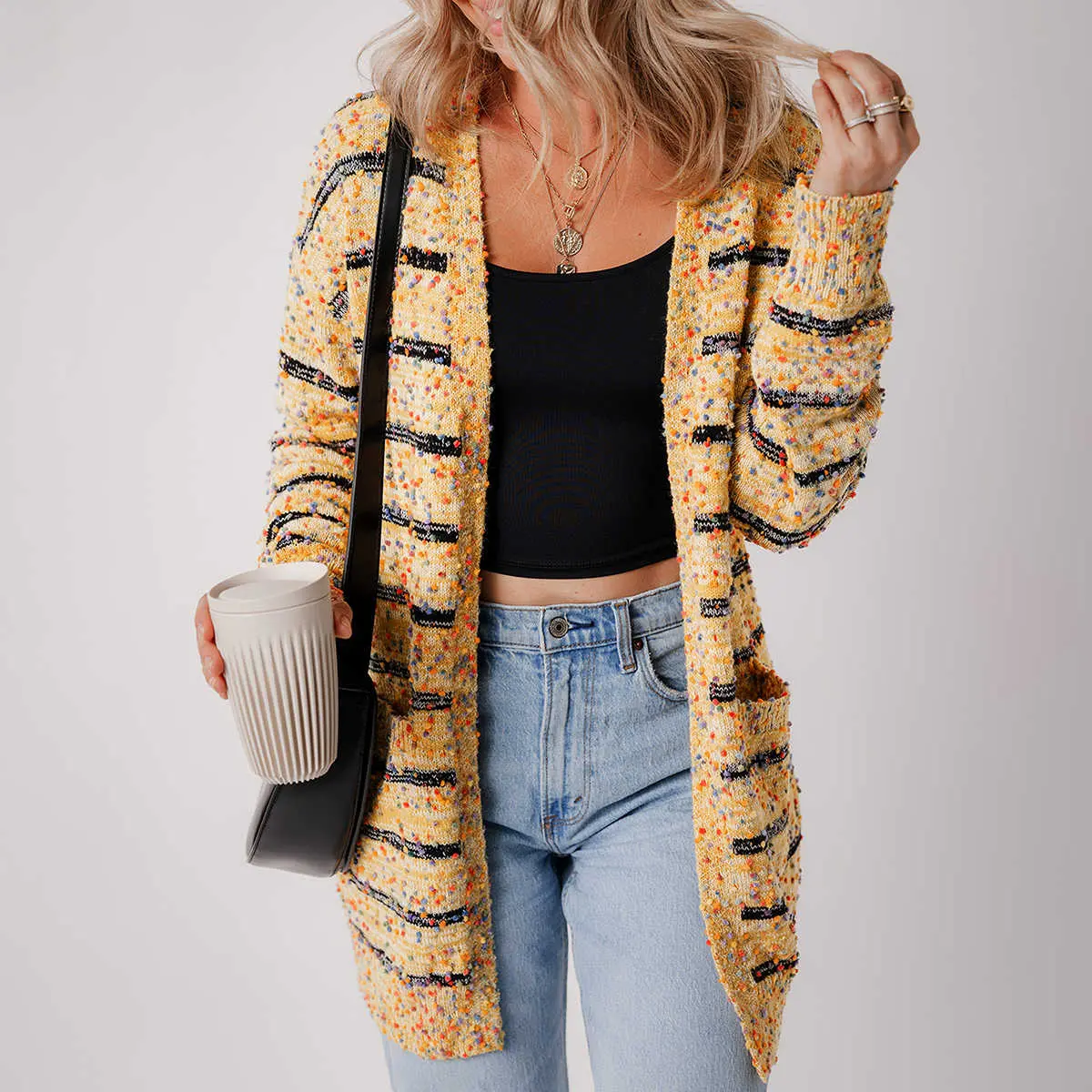 Beige Striped Pom Pom Knit Open Front Long Cardigan