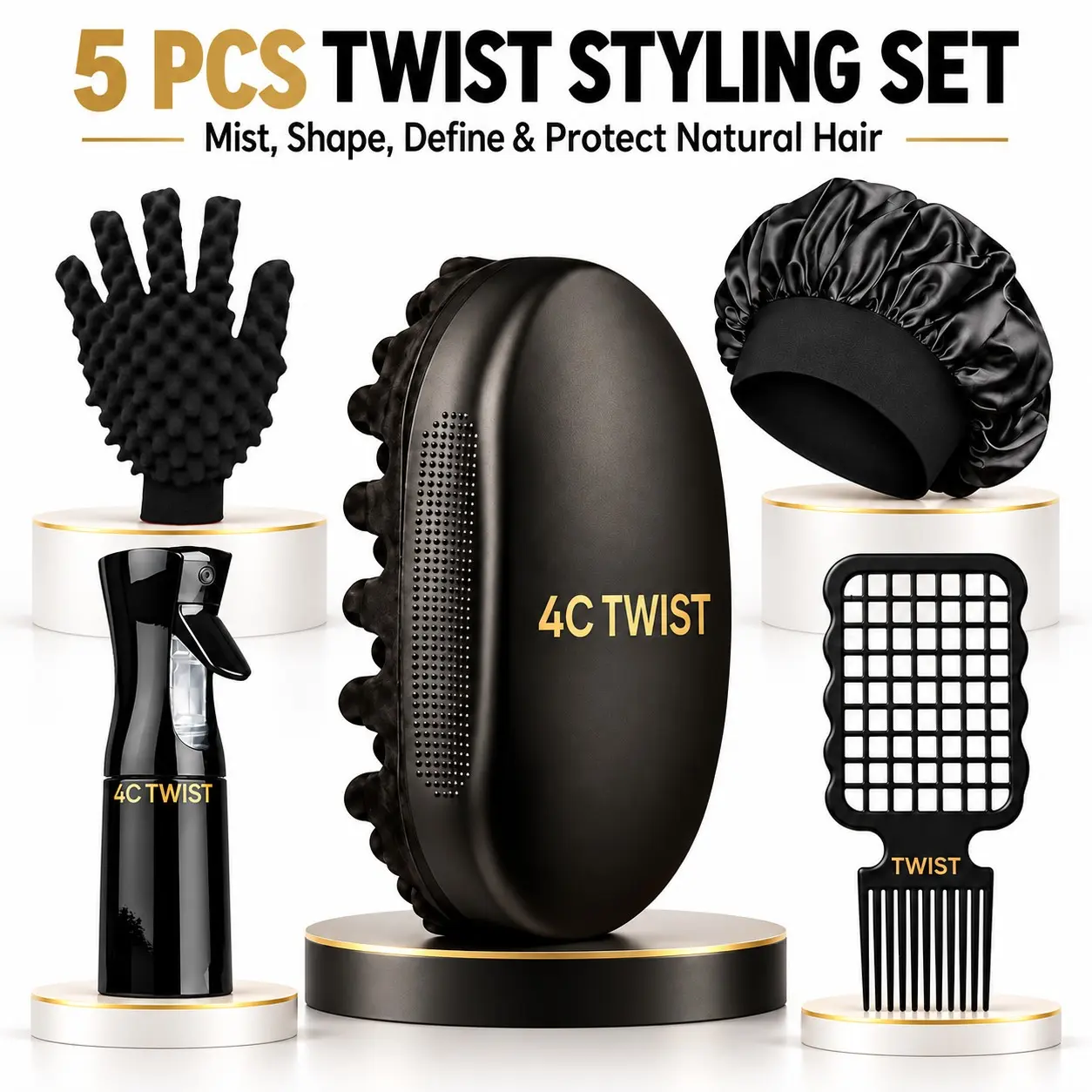 4C Hair Twist Styling Kit, Curl Defining Sponge Brush with Textured Twist Glove, Afro Pick Comb, Fine Mist Spray Bottle & Satin Bonnet, Easy Twist Styling, Defined Curls & Overnight Hair Care for Natural, Curly & Coily Hair