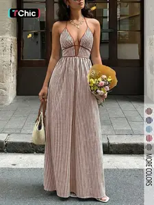 Women's French Style Striped Halter Dress, Chic Elegant Deep V Neck Waist Cinch Long Dress for Vacation, Beach and Summer Womenswear