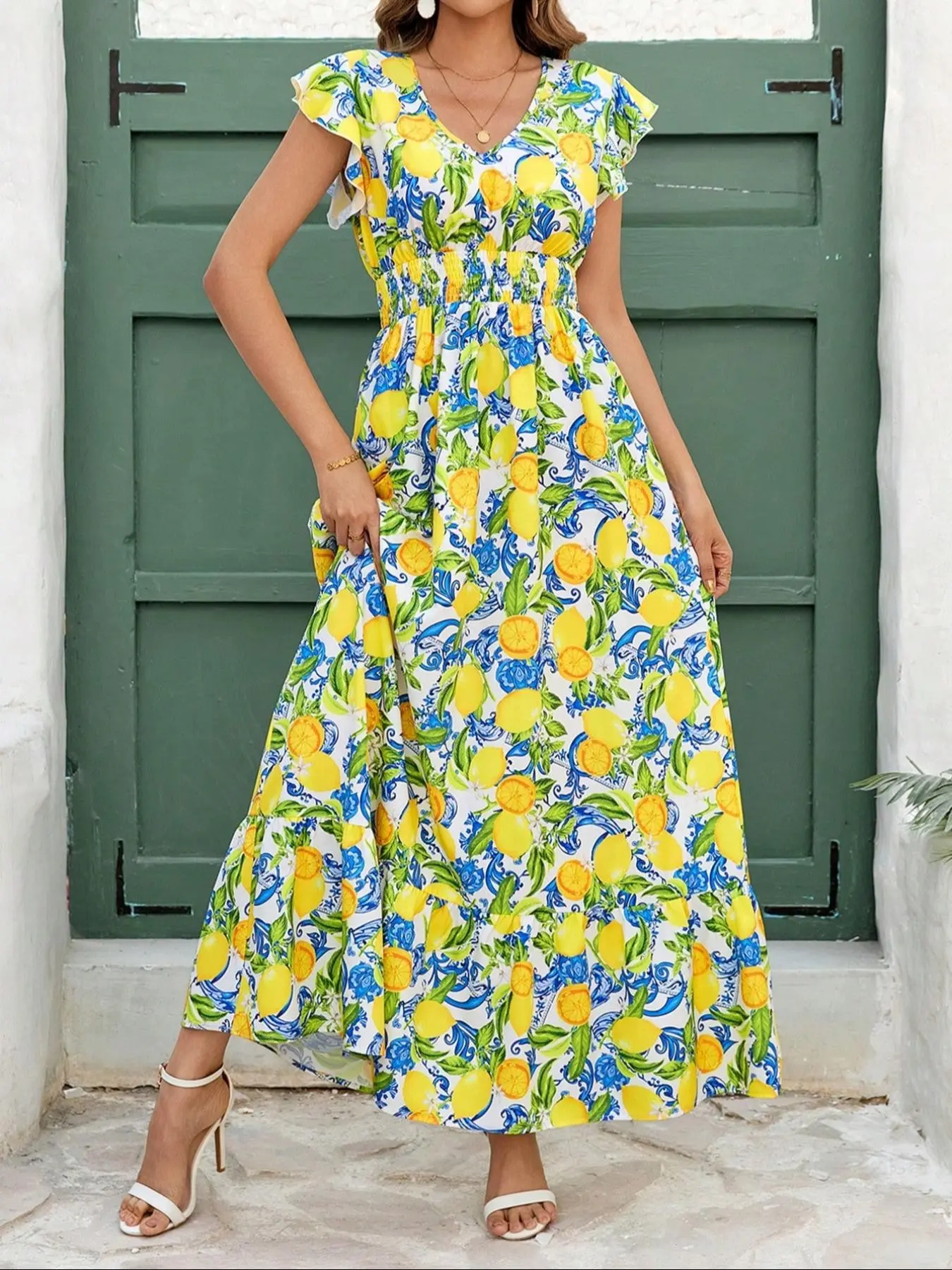 Elegant Feminine Chic Women's Ruched Sleeveless Waistband Fruit Print Dress, Summer Beach Vacation Dress, Beachwear Dress, Long Dress for Ladies, Spring & Summer