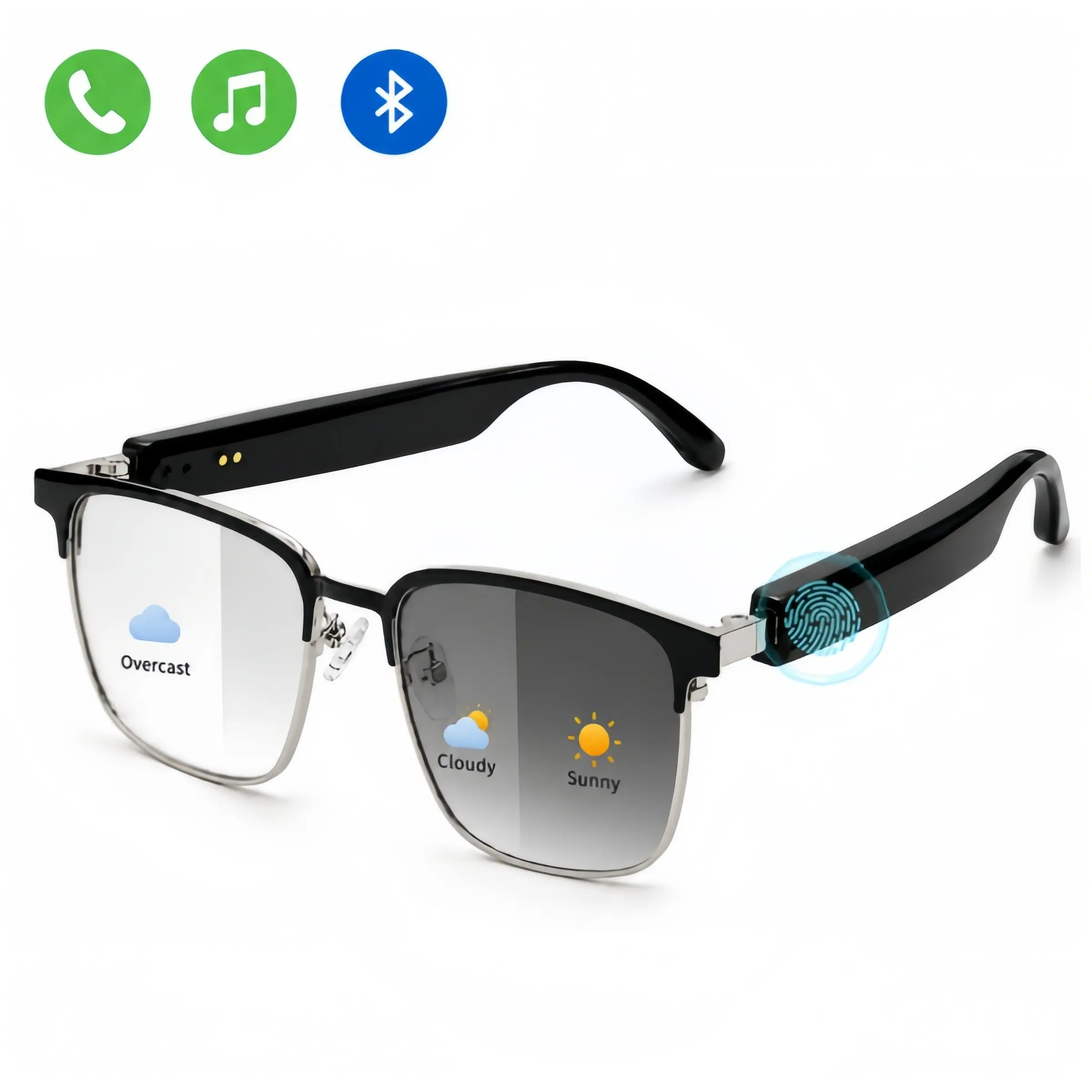 Bluetooth Photochromic Glasses, Open-Ear Smart Audio Glasses with Speakers & Mic, Touch Control, Voice Assistant and Hands-Free Calling