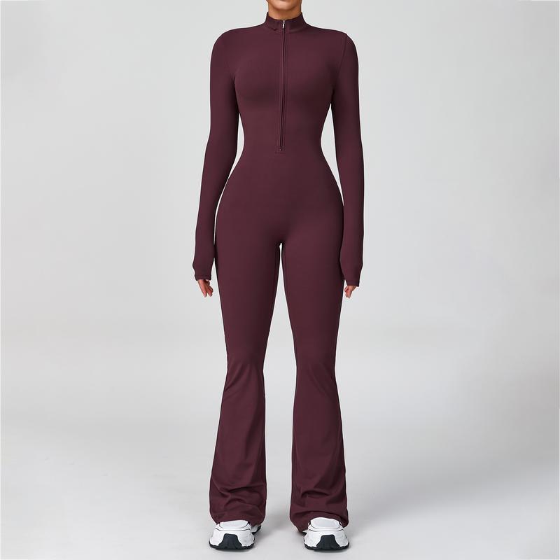 Women's Long Sleeve Flared Sports Jumpsuit - Zipper Jumpsuit, Wide Leg Bodysuit, Sexy One-Piece Yoga Jumpsuit, Fitness Activewear for the Gym, Pilates, Casual or Street Wear, Tennis Skirt with Shorts and Tie-Front Activewear sporty yoga set