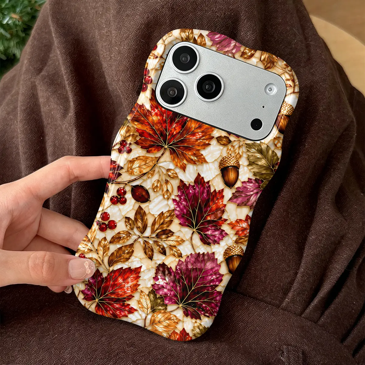 Fall Leaves Faux Stained Glass Phone Case 2-in-1 Soft TPU Bumper Hard Shell - Shockproof, Raised Lip Camera Protection, Glossy Wavy Edge Grip, Vintage Brown White Checkered Aesthetic Cover for iPhone 11 12 13 14 15 16 17 18 Pro Max Air , Autumn Woodland