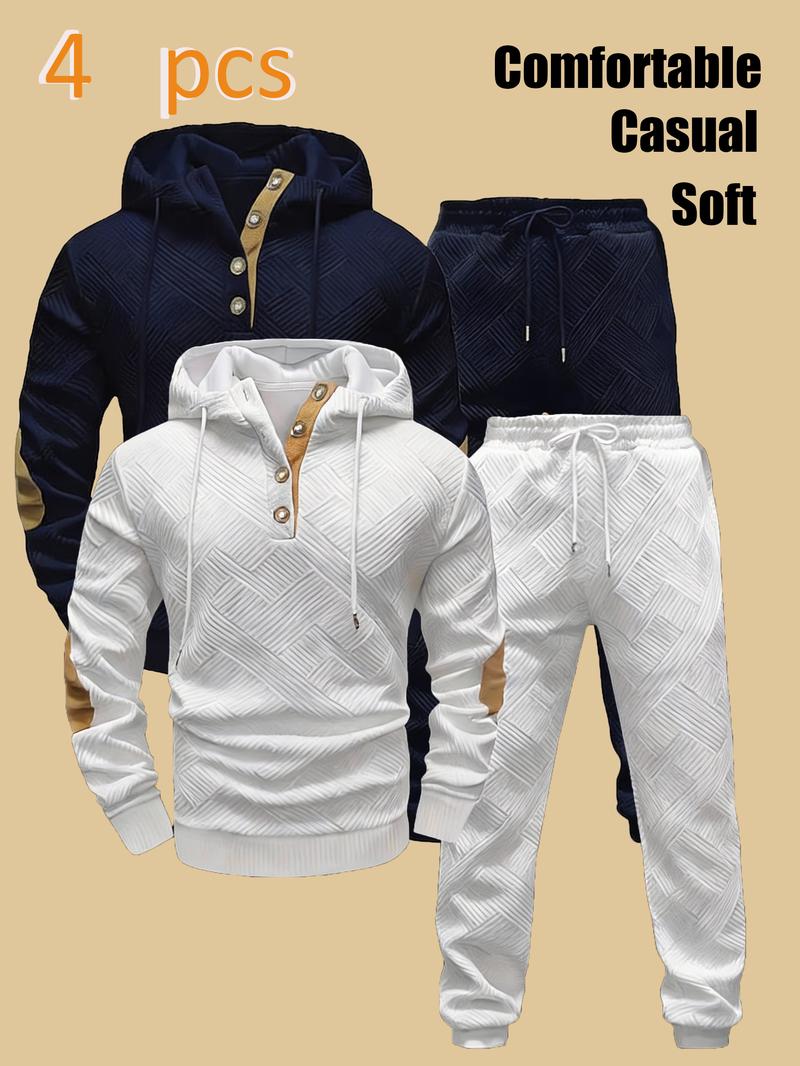 Men's Quilted Hooded Pullover with Half-Placket Buttons + Jogger Pants: Soft Casual Sportswear Set