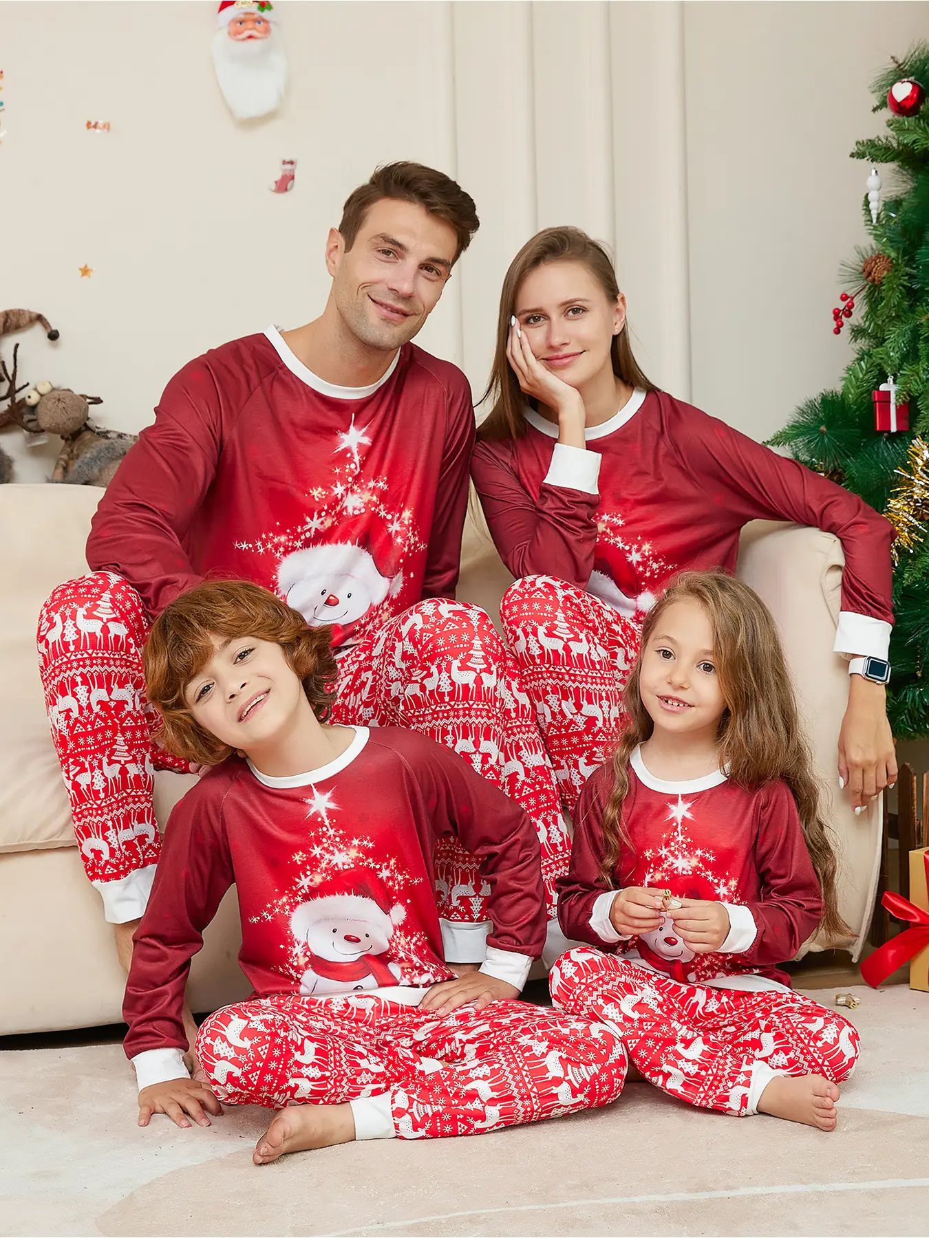 Family Matching Christmas Pajamas Set for 4, Santa & Tree Print Two-piece Loungewear with Red Trim, Soft Breathable Knit, Perfect for Xmas Photos, Party & Daily Sleep