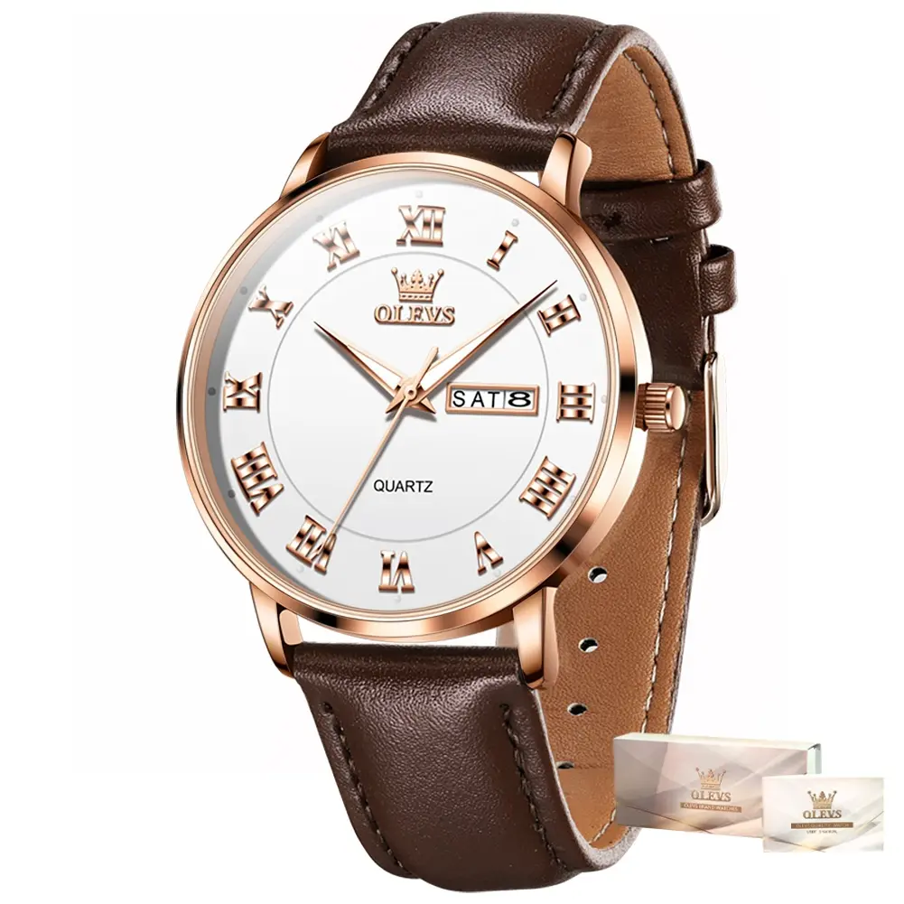 The high-end original brand OLEVS men's automatic quartz watch has automatic winding, date display, night light and waterproof functions; Equipped with an artificial leather strap, it exudes a fashionable, exquisite, and luxurious aesthetic