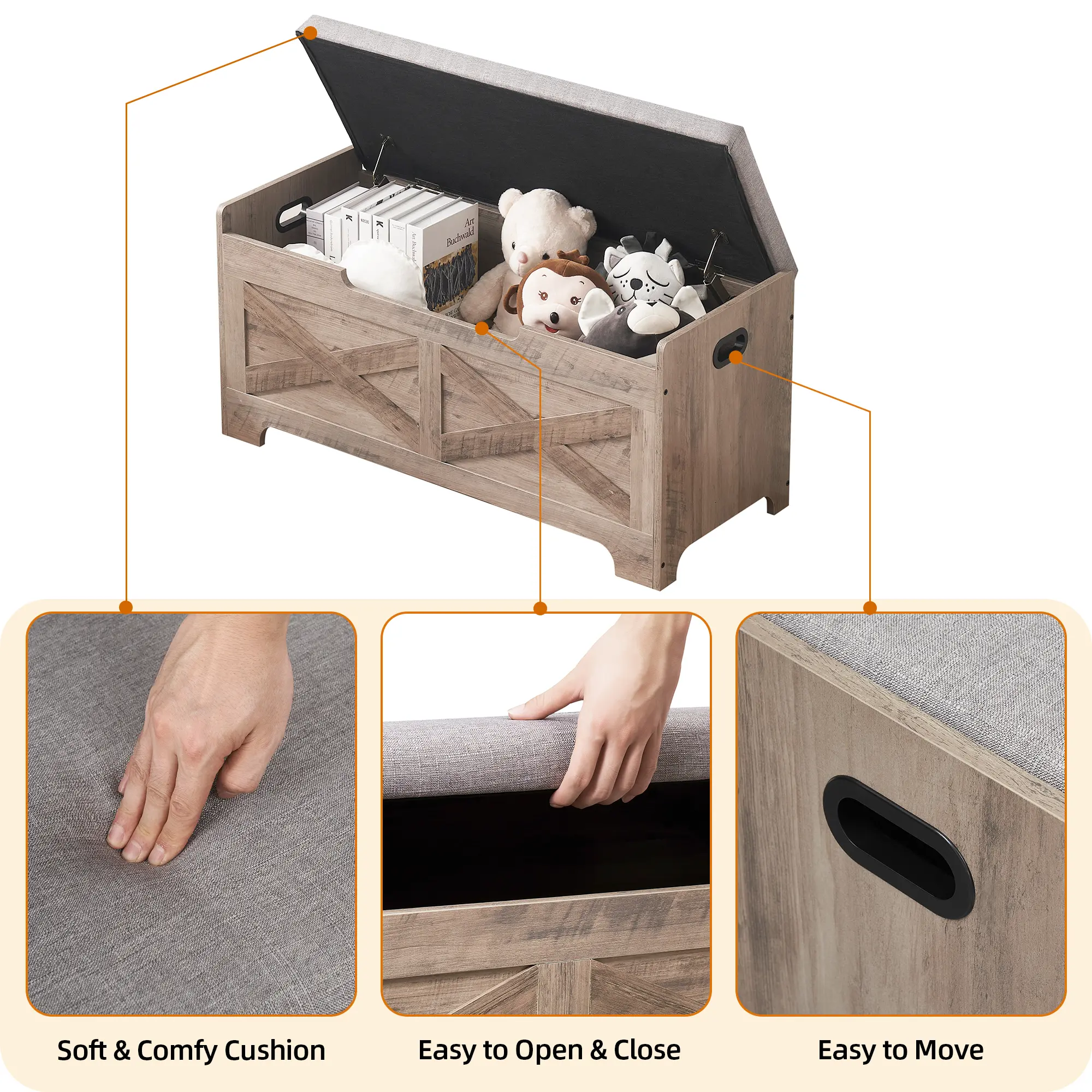 Farmhouse Wooden Shoe Bench & Storage Chest – Large Capacity Entryway Organizer with Safety Hinge, Easy Assembly, Modern Light Ivory – Ideal for Bedroom or Living Room