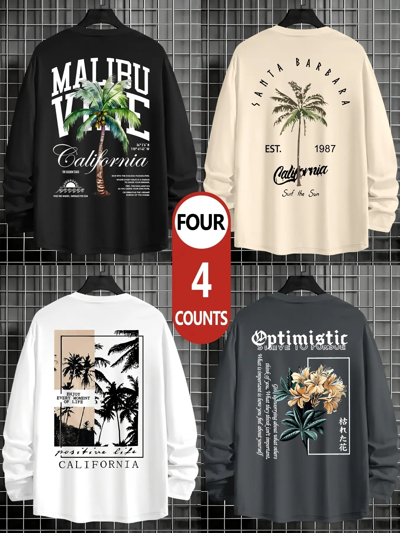 Retro Santa Barbara Graphic Long Sleeve Tees 4-Count Bundle, Aesthetic Floral & Palm Tree Printed Loose Fit Crewneck, Premium Lightweight Lounge Sweatshirt for Travel, Beach & Hangouts