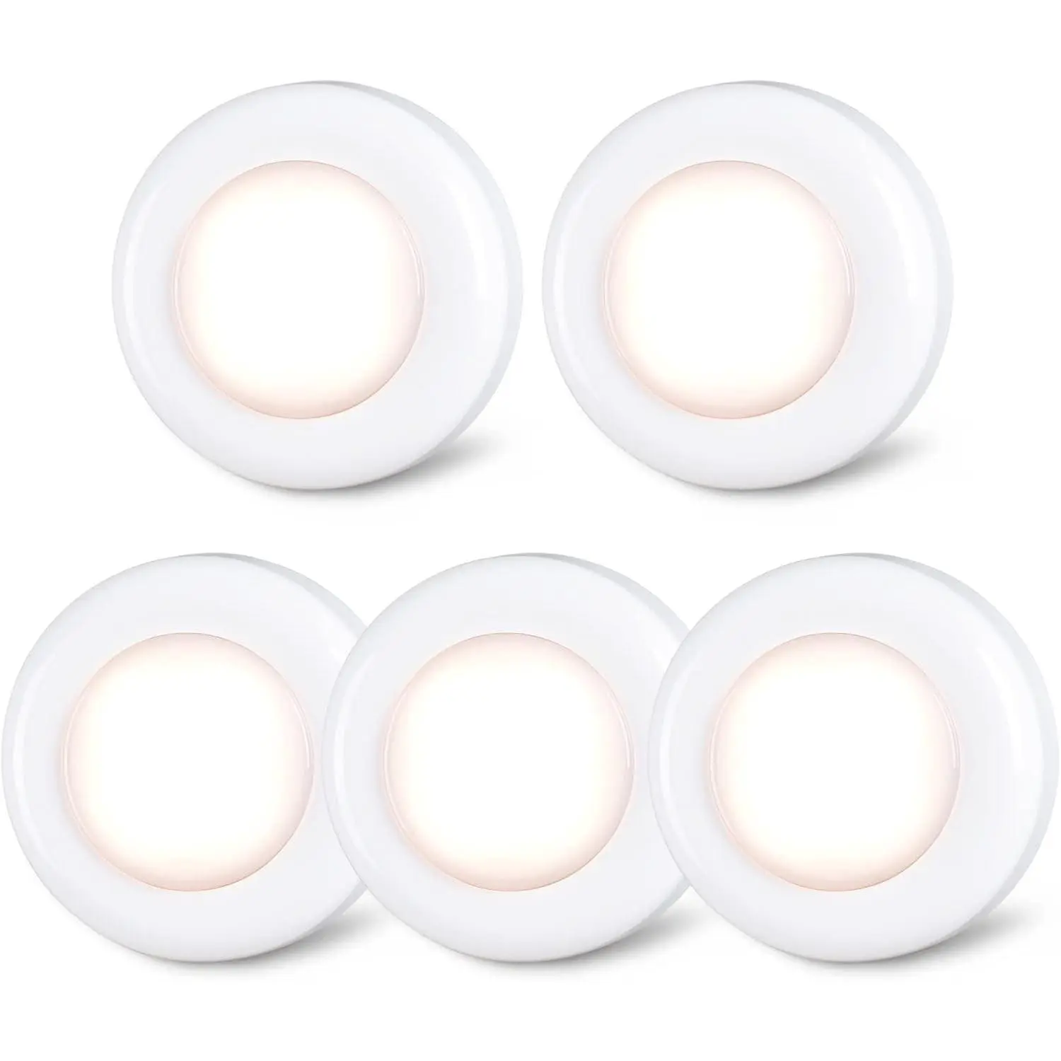 STAR-SPANGLED 2.8” LED Puck Lights Under Cabinet AAA Battery, 5 Pack Warm | Mini DIY Adhesive Stick on Touch Push Tap Button Lamp AAA Battery Powered Operated for Kitchen Closet Pantry Classroom Shelf