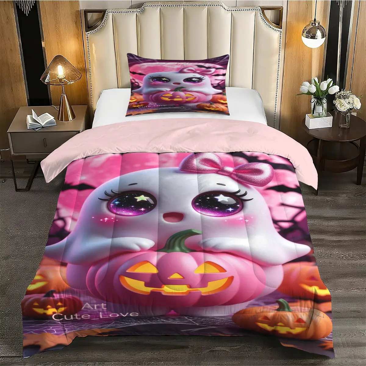 2/3 Pcs Cartoon Q-Version White Ghost Printed Quilt Set, Sweet And Cool Girl Style Halloween Bedding Set, Pink Purple Bow Pumpkin Spider Web Moon Pattern, Soft And Breathable Quilted Quilt, With 1/2 Coreless Pillowcase, For Decor Bedrooms Of Girl And Teen