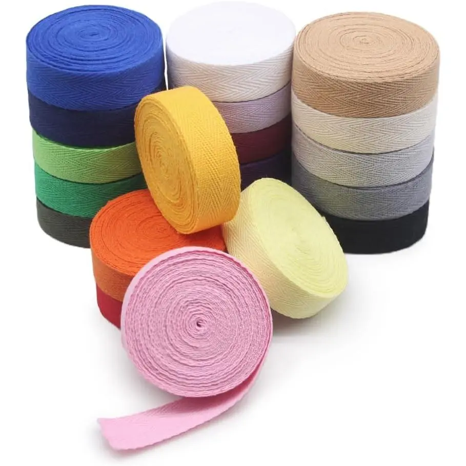 3/4'' Wide 21 Mixed Color 42 Yards Twill Cotton Ribbon Herringbone Bias Tape Natural Webbing Tape for Sewing Binding Gift Wrapping DIY Crafts Sewing Home Decoration