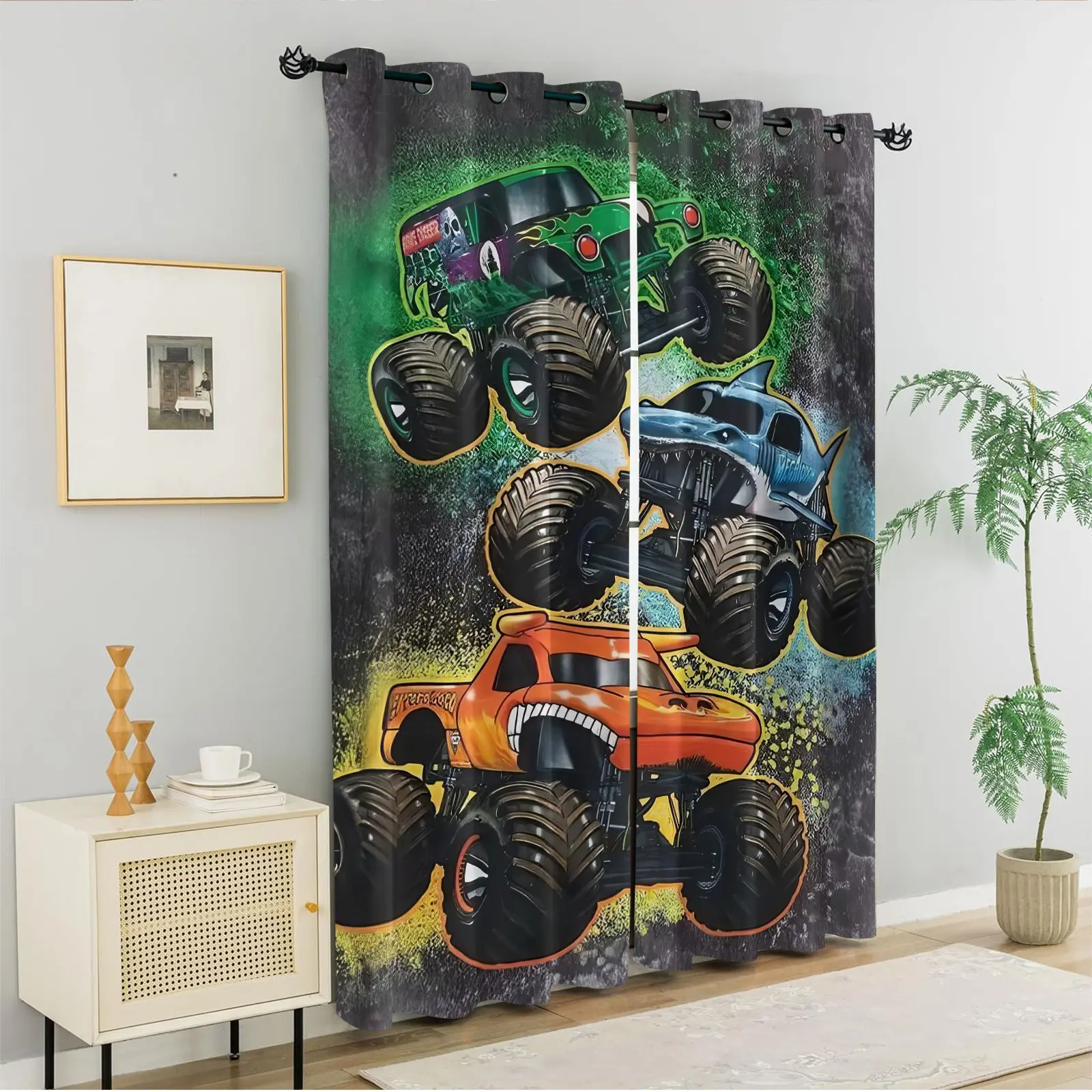Monster Truck Pattern Curtains, Cool Print Window Curtains, Exciting Racing Vehicle Theme Drapes, 2 Pack, Easy to Hang, Light Blocking, for Boys Bedroom Playroom, Fun Decor Window