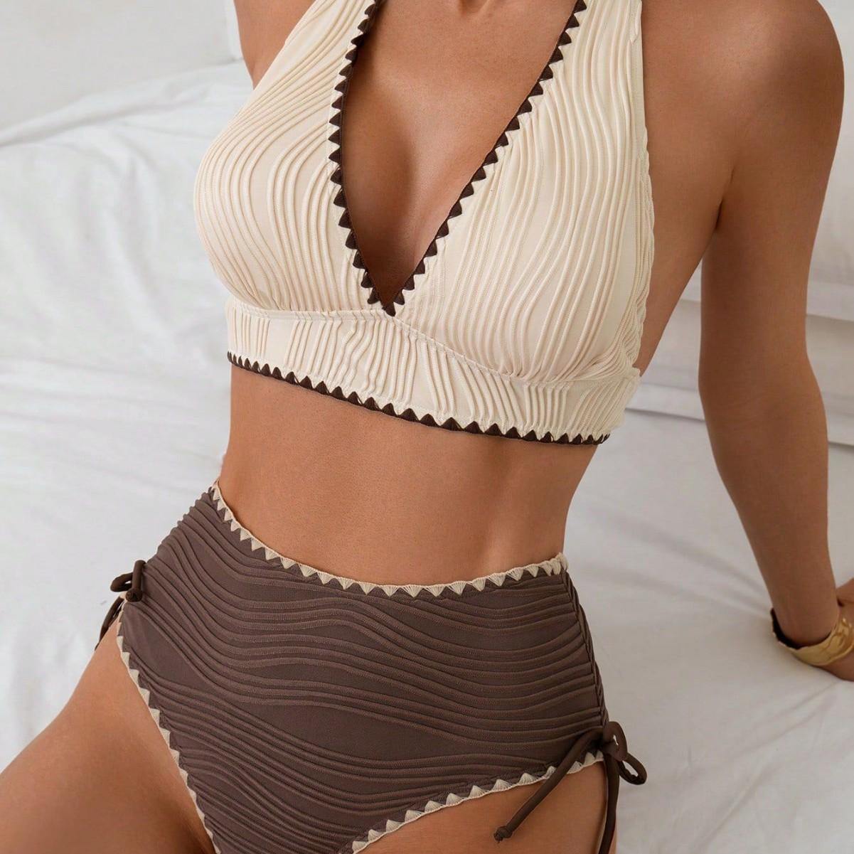 Chic High-Waisted Bikini with Ribbed Design – Stylish and Comfortable