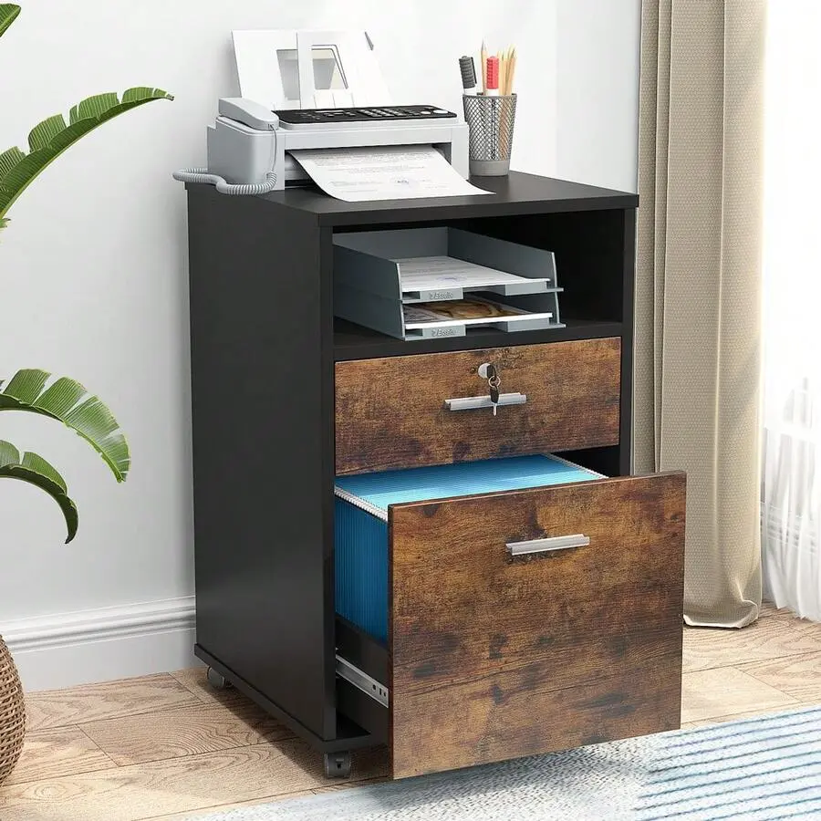2 Drawer Mobile File Cabinet With Lock, Wood Modern Filing Cabinet Letter Size, Printer Stand With Wheels And Open Storage Shelf Home Office