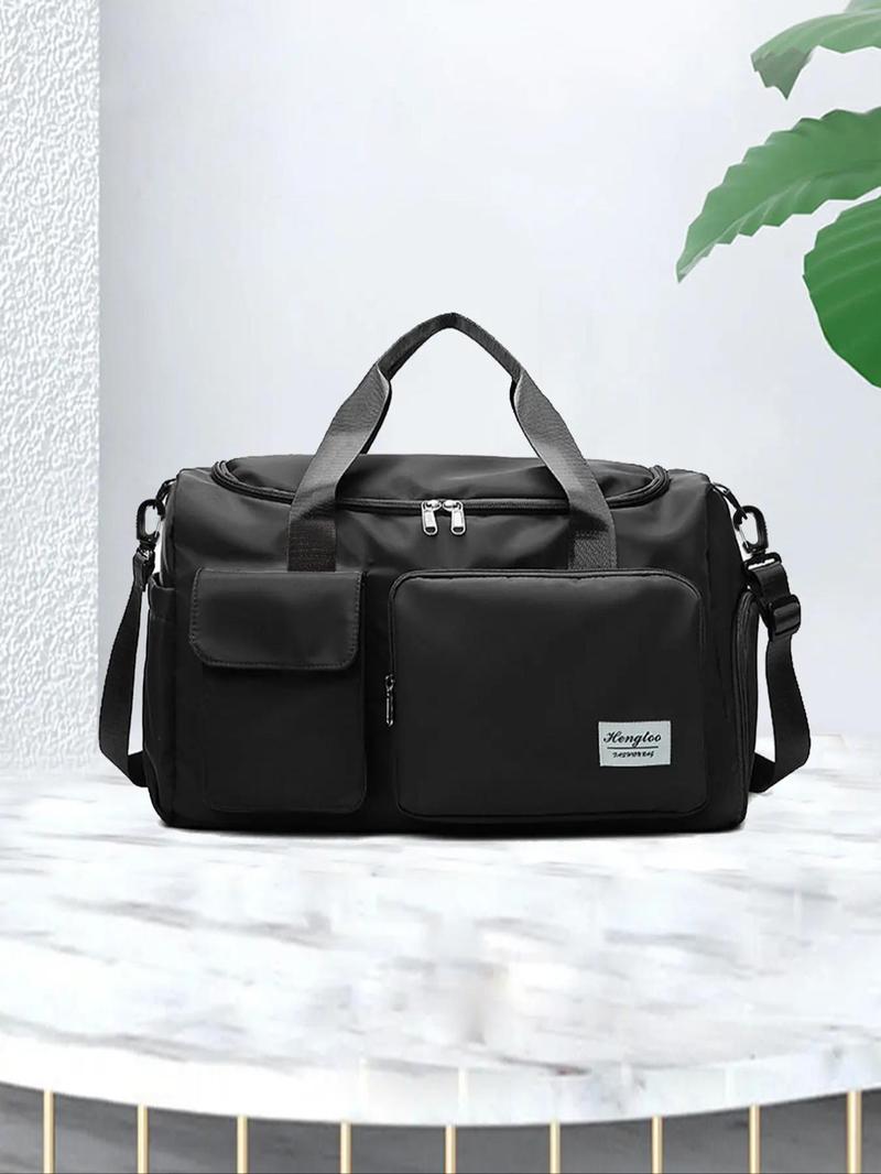 Women's Fashion Large Capacity Travel Bag, Solid Color Letter Patch Zipper Pocket Travel Bag, Casual Lightweight Travel Bag for Gym & Short Business Trips, Durable Travel Bag