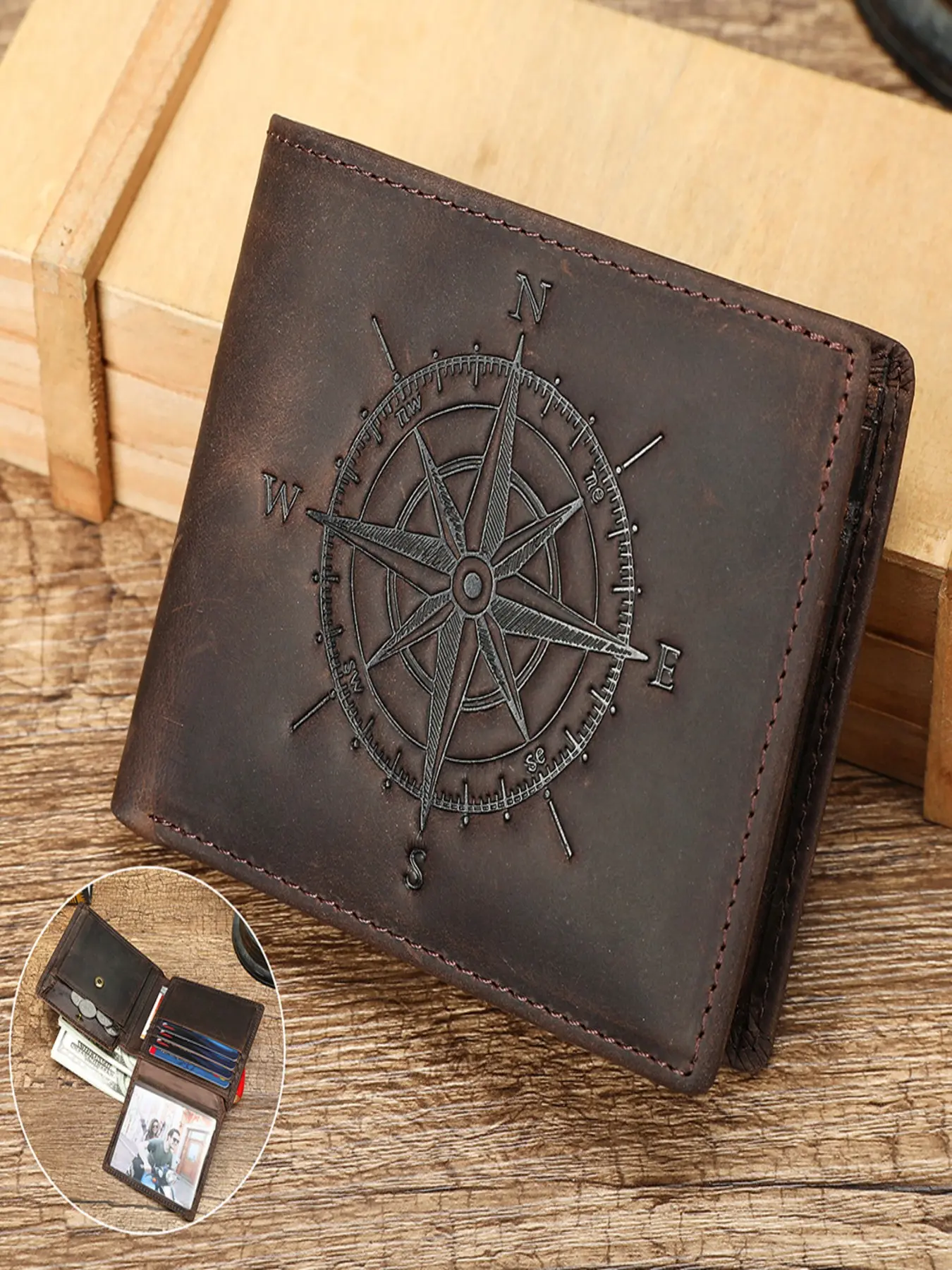 Men's Short Wallet, Crazy Horse Leather, High-End Compass Pattern, Multi-Functional Anti-Theft Billfold, Stylish Men's Accessories