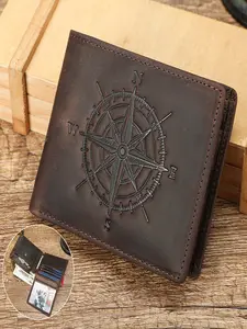Men's Short Wallet, Crazy Horse Leather, High-End Compass Pattern, Multi-Functional Anti-Theft Billfold, Stylish Men's Accessories