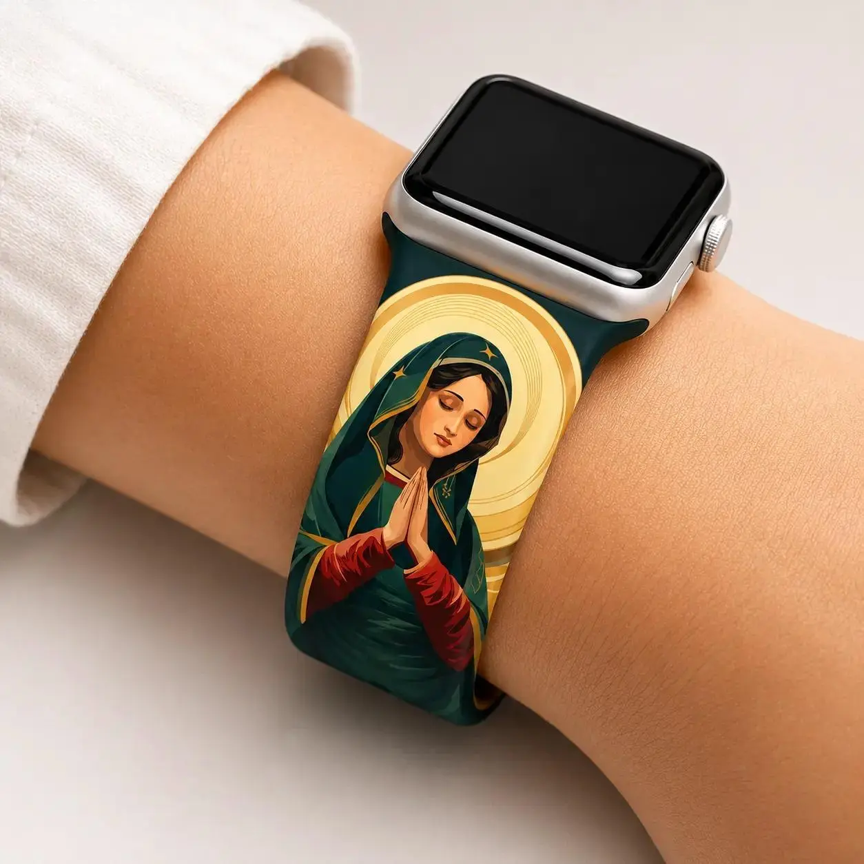 Virgin Mary Lady Of Guadalupe Silicone Watch Band - Catholic Christian Religious Portrait Print Soft Sport Replacement Strap For Apple Watch Ultra Series 11 10 9 8 7 6 SE 49mm 45mm 44mm 42mm 41mm 40mm 38mm Daily Wear Faith Gift