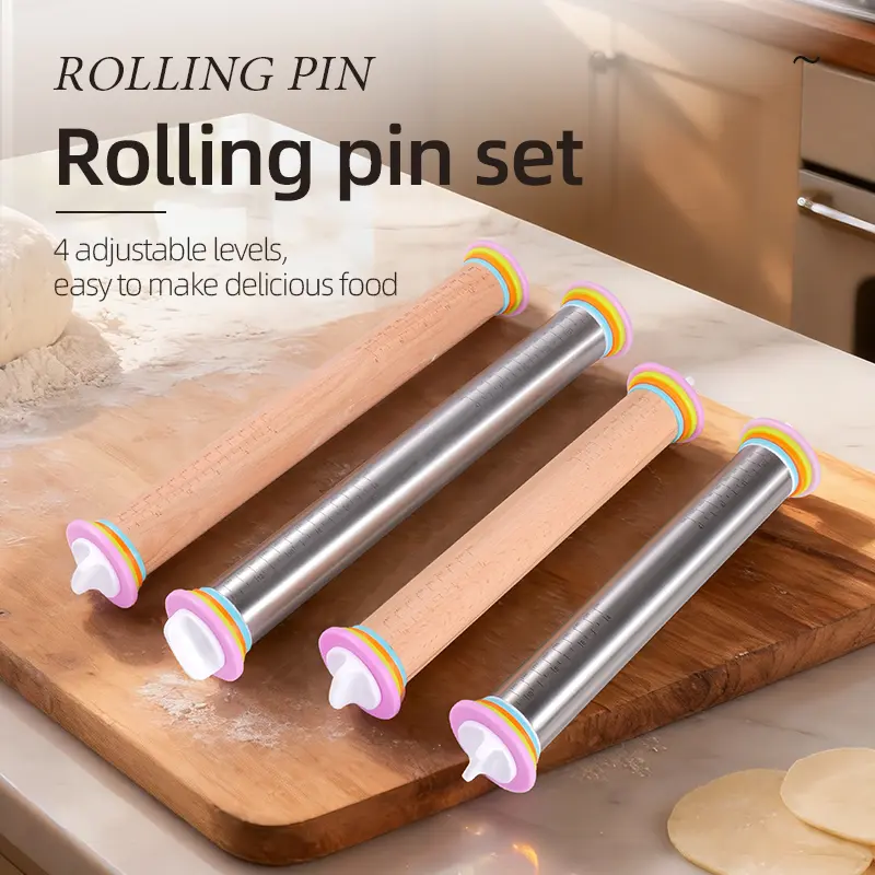 1pcs 14/17 Inch Baking Tool Beech Wood/Stainless Steel Rolling Pin with Scale, Adjustable Thickness, Multifunctional for Baking, Cookies, Pizza Dough