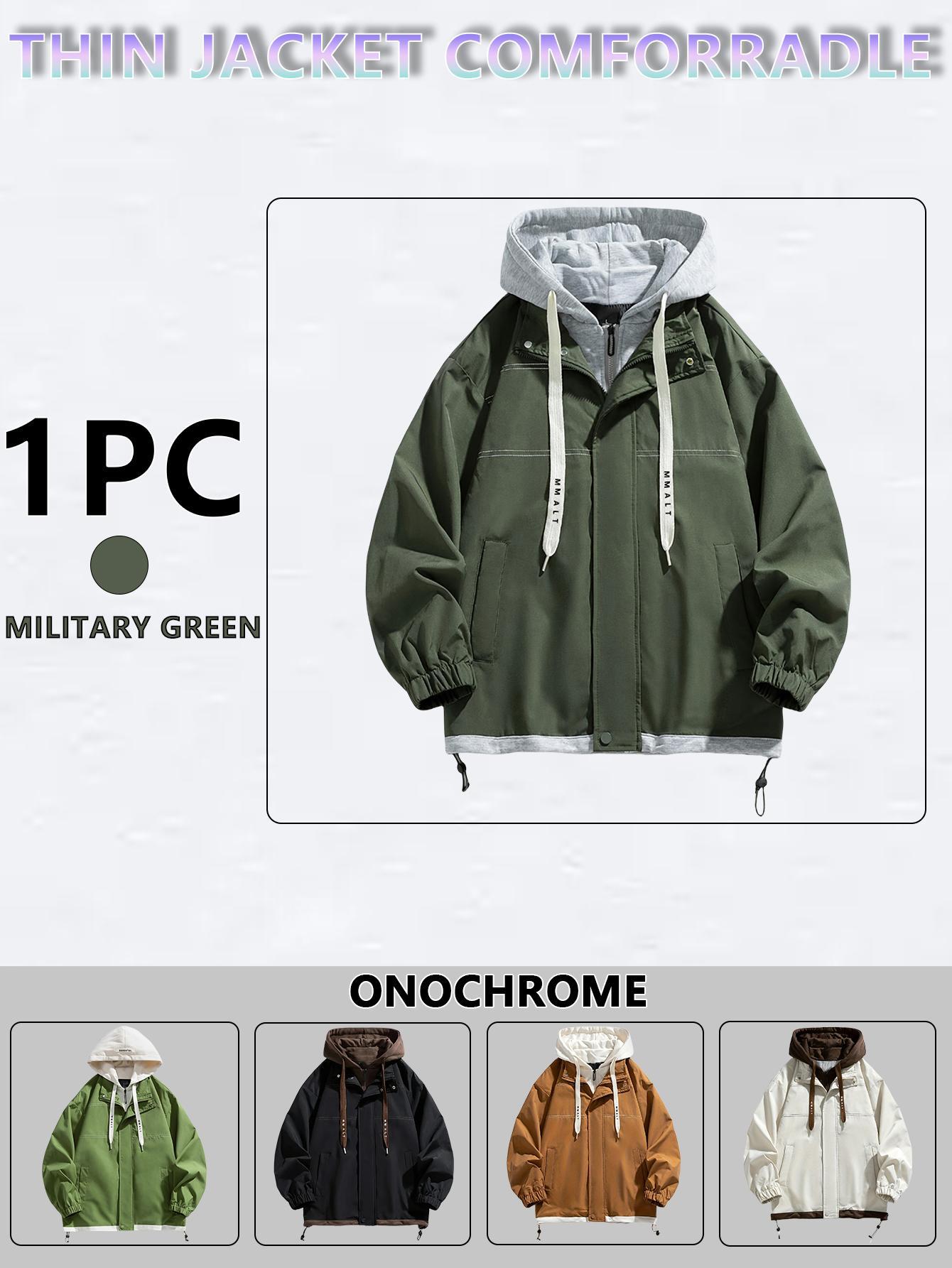 Men's Zip Up Hoodie Coat, Casual Loose Long Sleeve Hooded Sweatshirt Jacket for Daily Wear, Fake Two-Piece Jacket, Men's Clothing for All Seasons, Zip Hooded Longsleeves Menswear Halloween Gifts SpringStatements