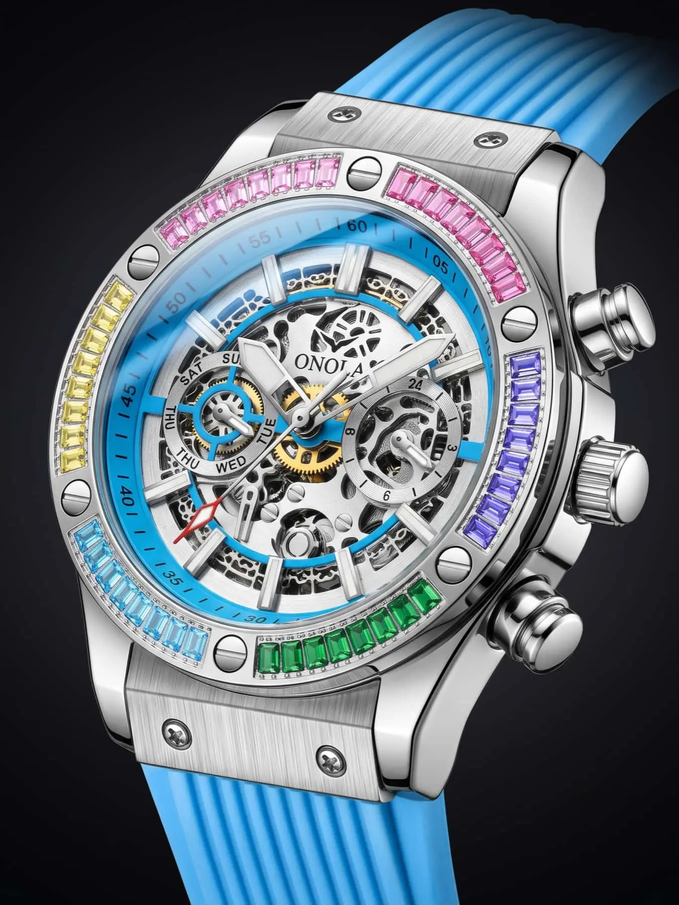 ONOLA Men's Mechanical Watch, Chronograph, Luminous Analog Watch, Tonneau Hollow Skeleton Dial, Colorful Rhinestone Bezel, Soft Silicone Strap, Hip Hop Luxury Male Watch, Fashion Gift For Gentlemen