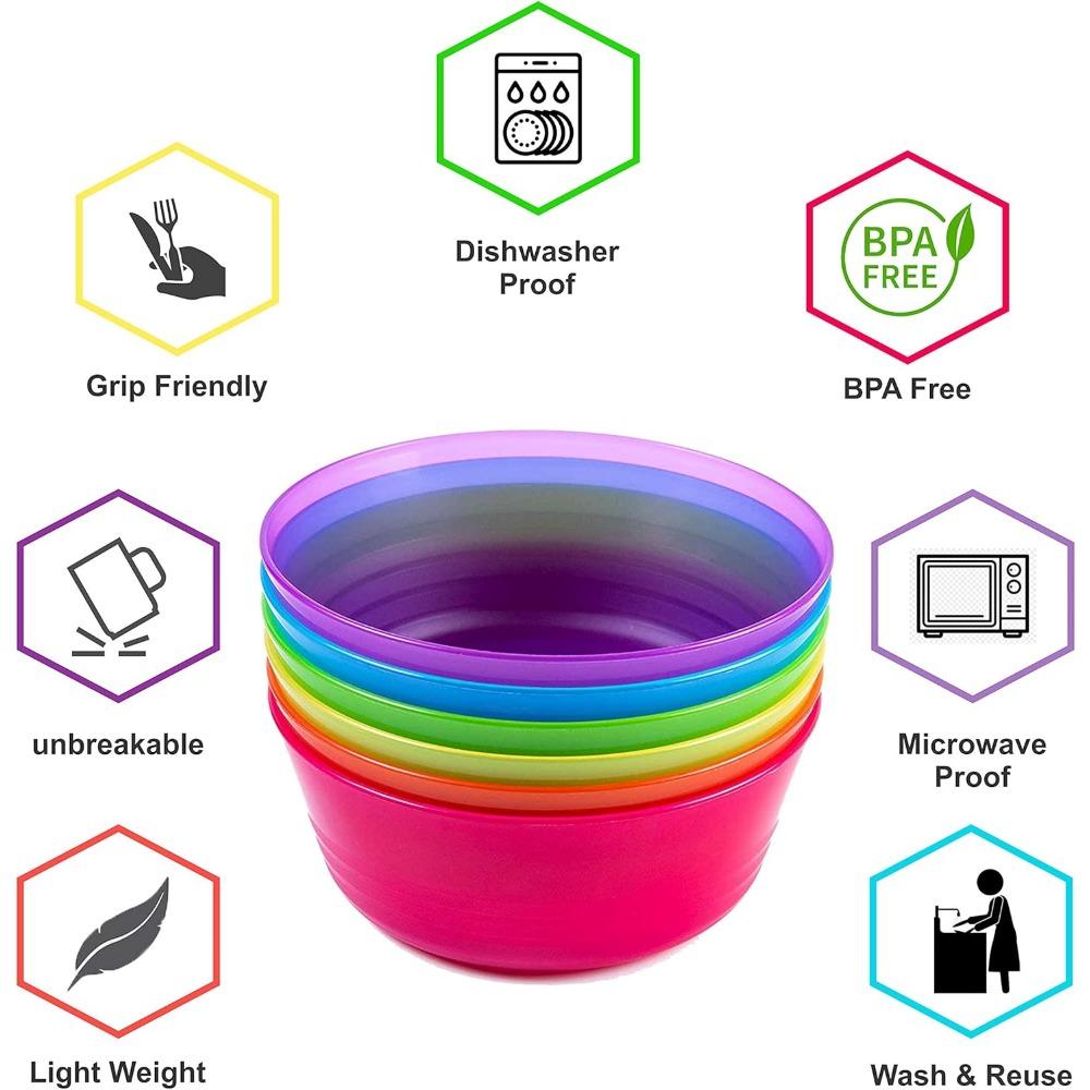 Kids Plastic Dinnerware Set of 6 Multi Color Bowls-Reusable, BPA Free, Dishwasher Safe and Microwaveable