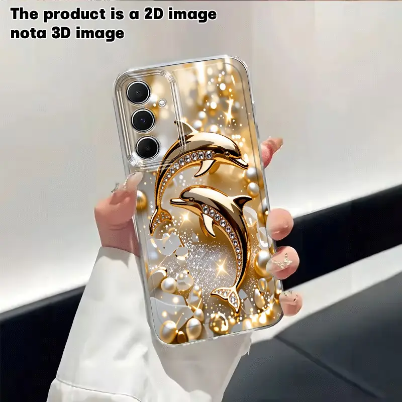 2D Flat gold dolphin with rhinestones, sparkling pearl pattern, drop-proof soft case, compatible with iPhone 17/16/15/14/13/12/11/X/XS/XSMAX/XR/7P/8P/17E and various Samsung phone cases, a holiday gift for friends, family, and yourself