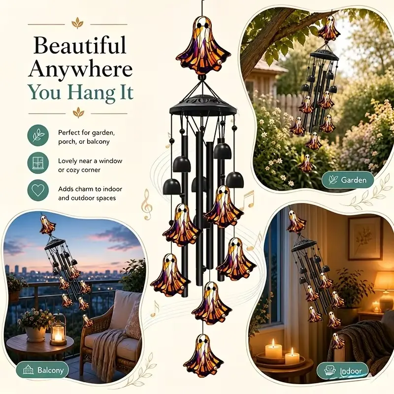 1pc Hanging Ghost Wind Chime, Halloween Wind Chime Decor for Indoor & Outdoor Use, Perfect for Home, Garden, Porch, Lawn & Patio, Ideal Halloween Gift, Black Metal Durable Wind Chime with Soft Soothing Sound, Available in Ghost & Pumpkin Styles