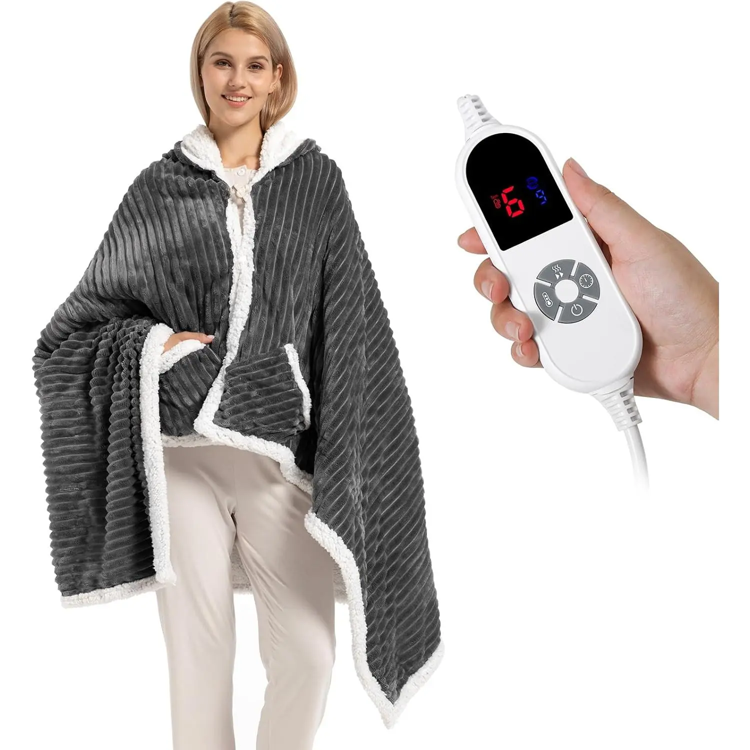 Electric Blanket Heated Throw, Soft Flannel & Sherpa Wearable Heated Blanket Hoodie, Heated Shawl Wraps for  with 6 Heating Levels & 12H Auto Off, ETL Certified,  Office, 40x70 Inch, Dark Grey