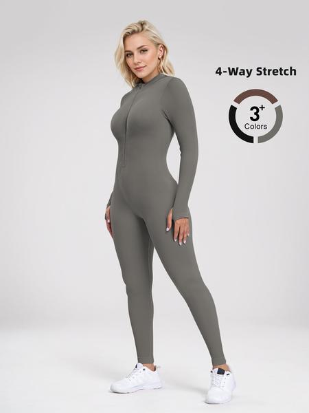 Women's Sporty Long Sleeve Zipper Jumpsuit, High Neck Tight-Fitting Fitness, Comfortable All-Season Activewear, Workout Jumpsuit