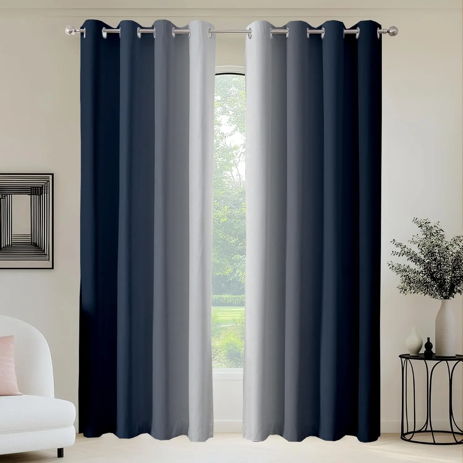 Navy Blue and Gray Ombre Curtains,Room Darkening 84 Inch Drapes for Bedroom and Living Room,Modern Blue Grayish Grommet Window Treatments,Set of 2 Panels,52W x 84L,Stylish  Decor