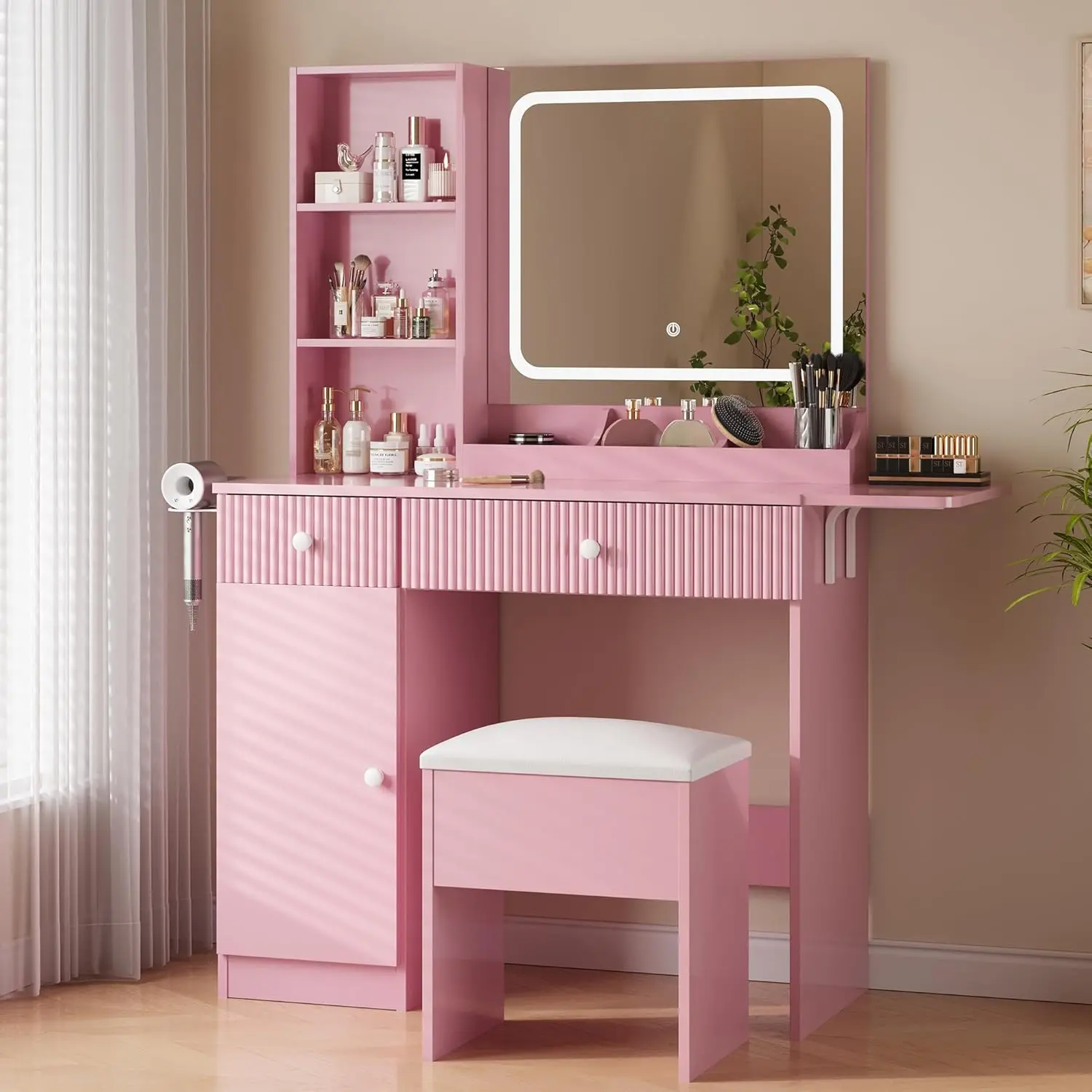 Vanity Desk with Mirror & Lights - Power Outlets, Collapsible Desktop, Adjustable Lighting, Drawers & Cabinet, Cushioned Storage Stool, Bedroom Dressing Table