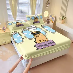 3Pcs Simple Cartoon Pug Travel Boarding HD Digital Print Fitted Sheet Set, Washable Hypoallergenic Deep Pocket Mattress Cover For Travel Lovers Apartment All Season Decor
