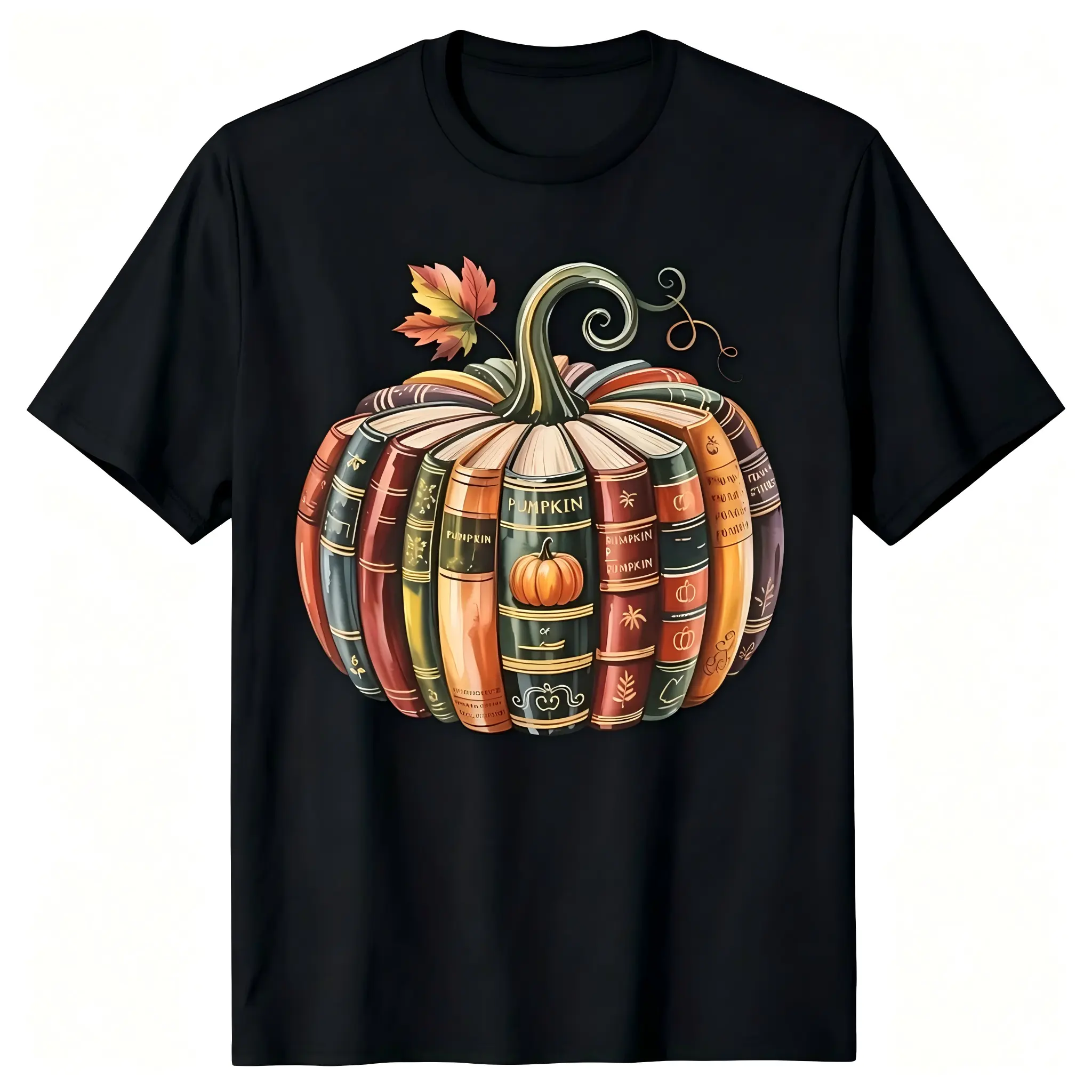 Book Stack Pumpkin Fall Maple Leaf Unisex T-Shirt for Men & Women - Book Lover Autumn Graphic Tee, Soft Breathable Cotton Crew Neck Short Sleeve, All-Season Summer Spring Casual, Great for Thanksgiving & Cozy Fall Days, Machine Washable