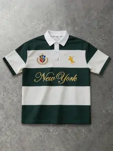 Men's Dark Green Off White Wide Horizontal Stripe Short Sleeve Polo Shirt, New York Cursive Letter Crest Horse Chest Graphic Print, White Lapel Collar Half Button Placket, Loose Oversized Street Fit, Vintage Preppy Daily Casual Top