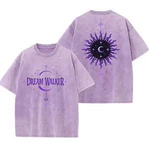 Purple Washed Graphic T-Shirt for Men & Women, Cosmic Sun & Moon Print Tee, Vintage Style Oversized Casual Top, Soft Cotton Streetwear, Astrology Star Moon T-Shirt, Trendy Relaxed Fit, Daily Wear, Summer & Fall Fashion Tee
